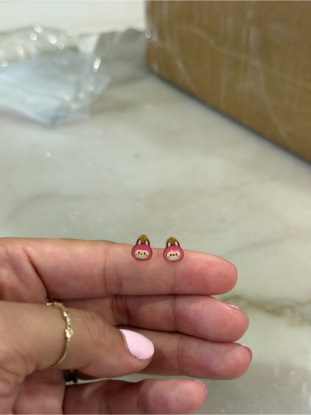 Gold-Tone Pink labubu stainless steel Stud Earrings